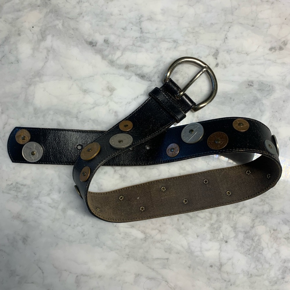 Mens Black Leather Belt With Coins From Around World Size Medium Leather Shop